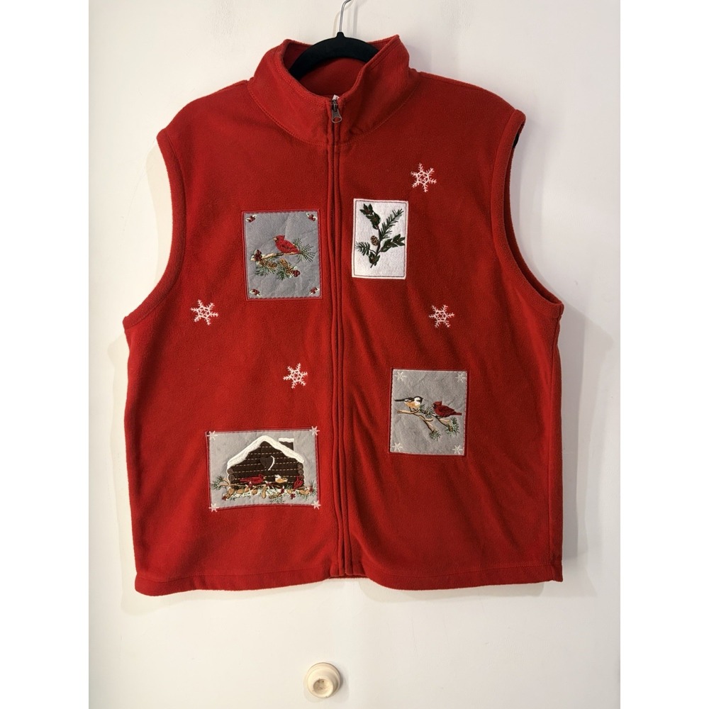Baxter‎ & Wells XL Christmas Fleece Vest Cardinals Chickadee Cabin Holiday Zip